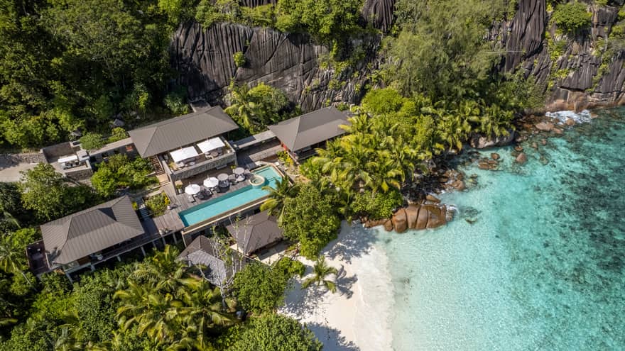 Aerial look at three-bedroom suite on Seychelles beach