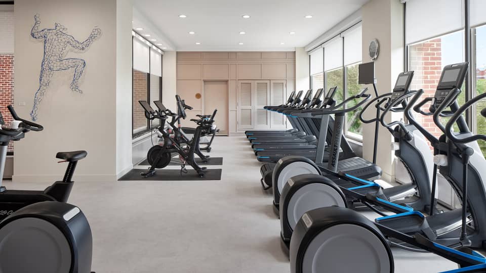 Fitness centre with multiple treadmills, bicycles and ellipticals.