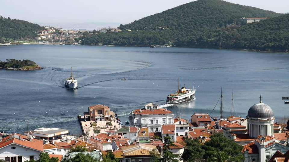 Princes Islands, view over rooftops, boats, water and mountains