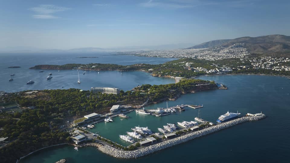 Aerial view of marina filled with yachts