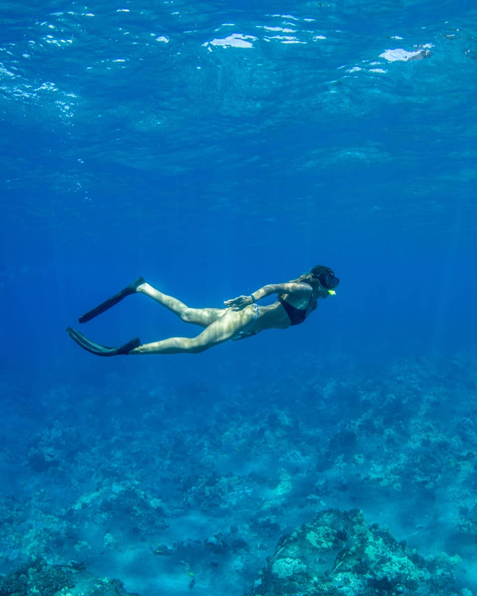 A snorkeller in black flippers and mask explores a rocky coral reef below, as rays of sunlight filter from above the blue water.